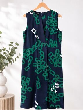 100% Silk Lafayette 148 New York Abstract Print Midi Dress Size 14 Art To Wear